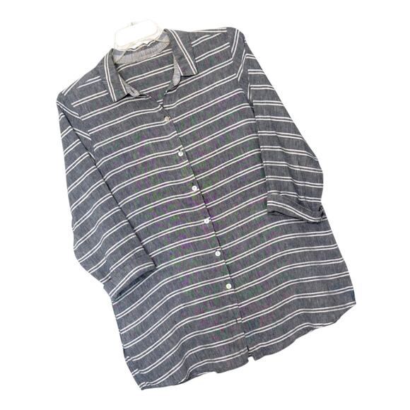 Linen Button Top Gray Stripe 3/4 Sleeve HABITAT L Coastal Grandmother Lagenlook - Picture 1 of 10